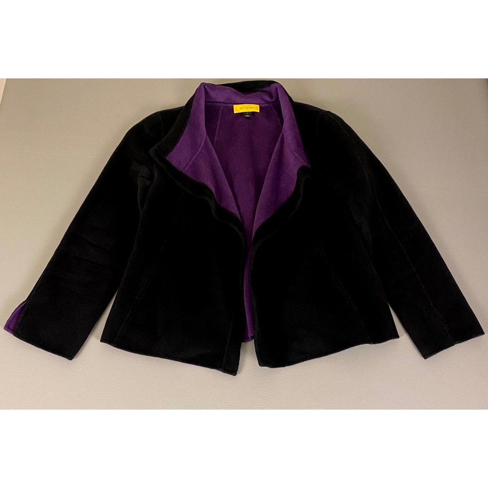 St. John Knit Blazer Jacket Cashmere Angora Wool Blend‎ Open Black Purple Size 8